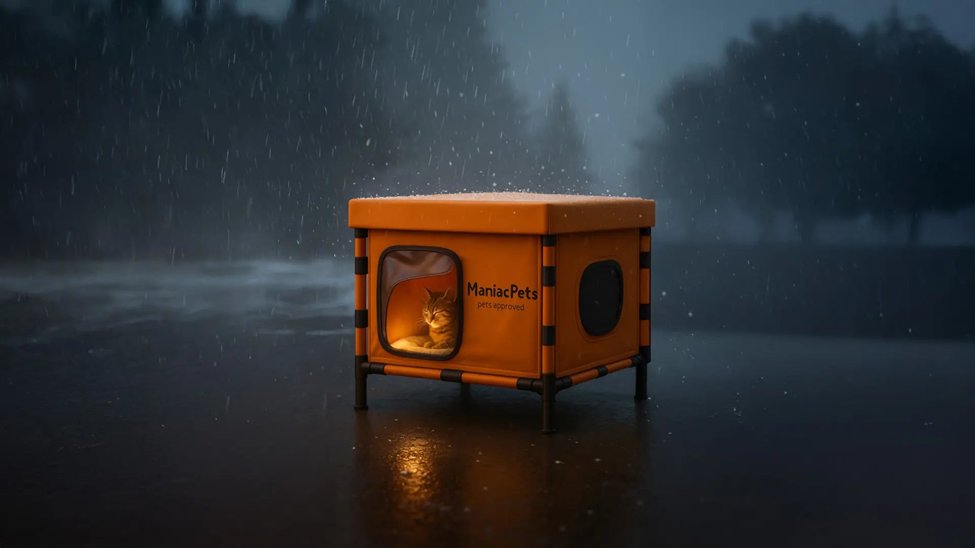Chat confortablement installé dans la ManiacPet House orange, abri innovant protégeant du froid, de la pluie et de la chaleur.